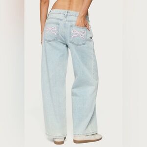 Edikted Light Blue Flare Jeans with Pink Bow Details